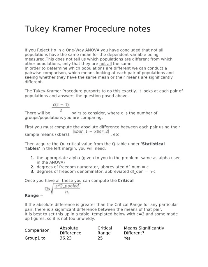 Notes on the Tukey Kramer Procedure