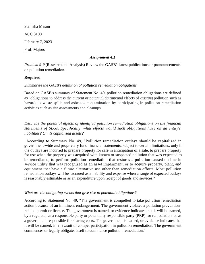 Impact of Pollution Remediation Obligations