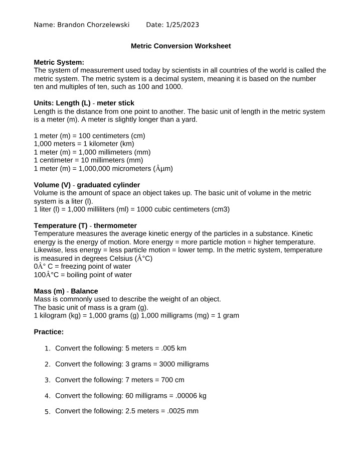 Worksheet on Metric Conversion