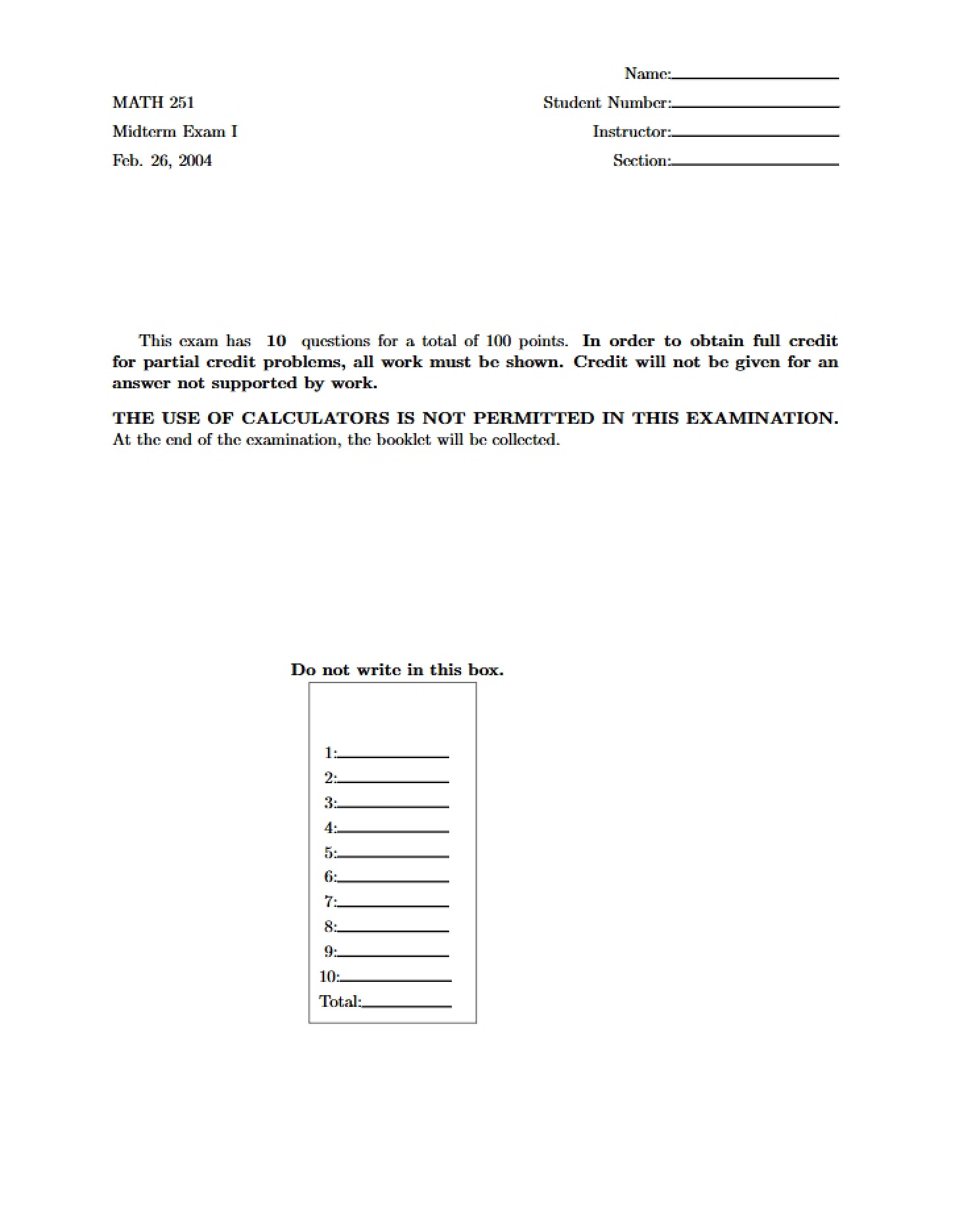 Midterm 1 Math 251 - 10 Pages