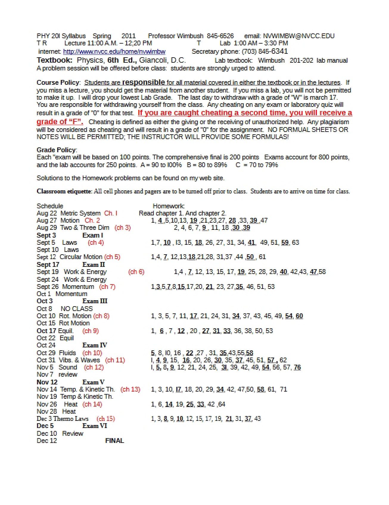 Course Plan for PHY 201