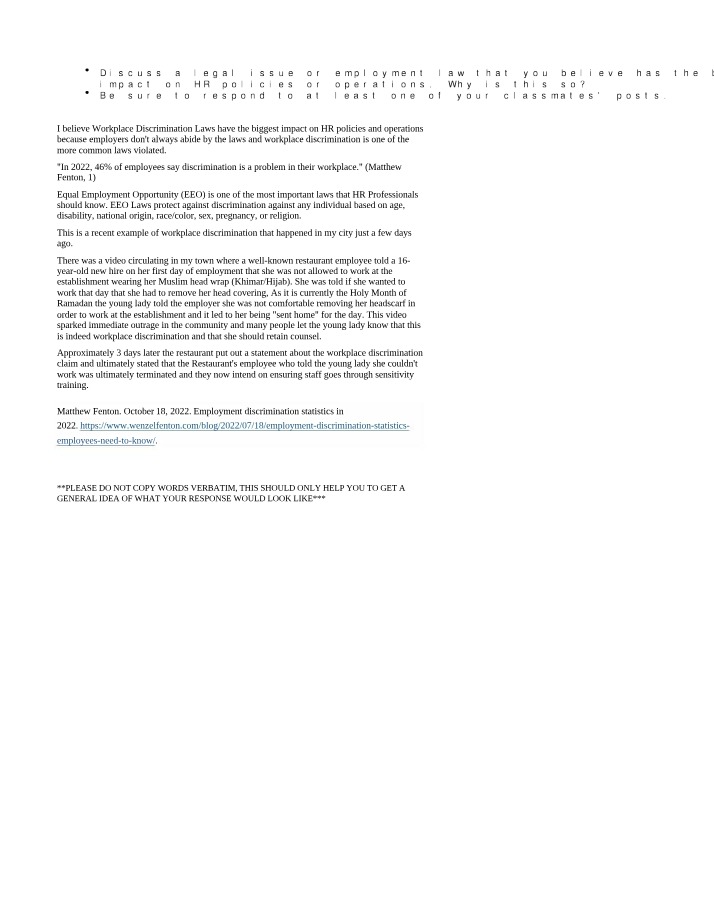 HSA 530 - Workplace Discrimination Laws and HR Policies