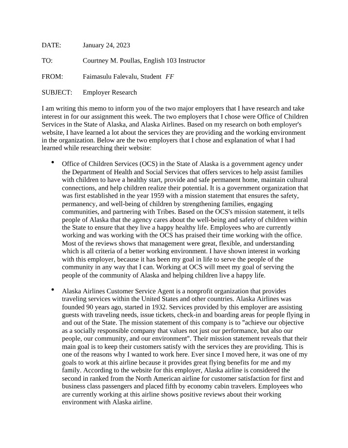 Memo on Employer Research