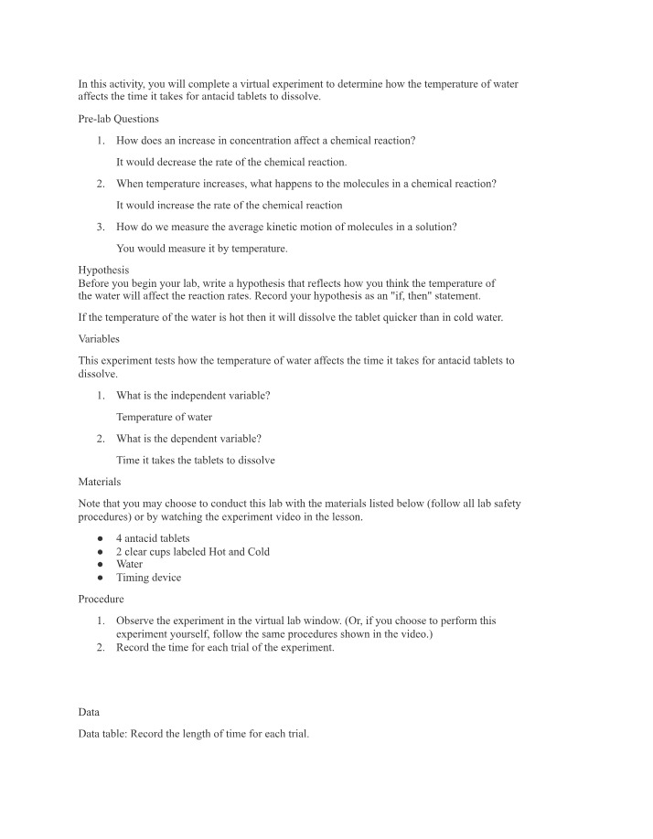 Effect of Water Temperature on Antacid Dissolving Time