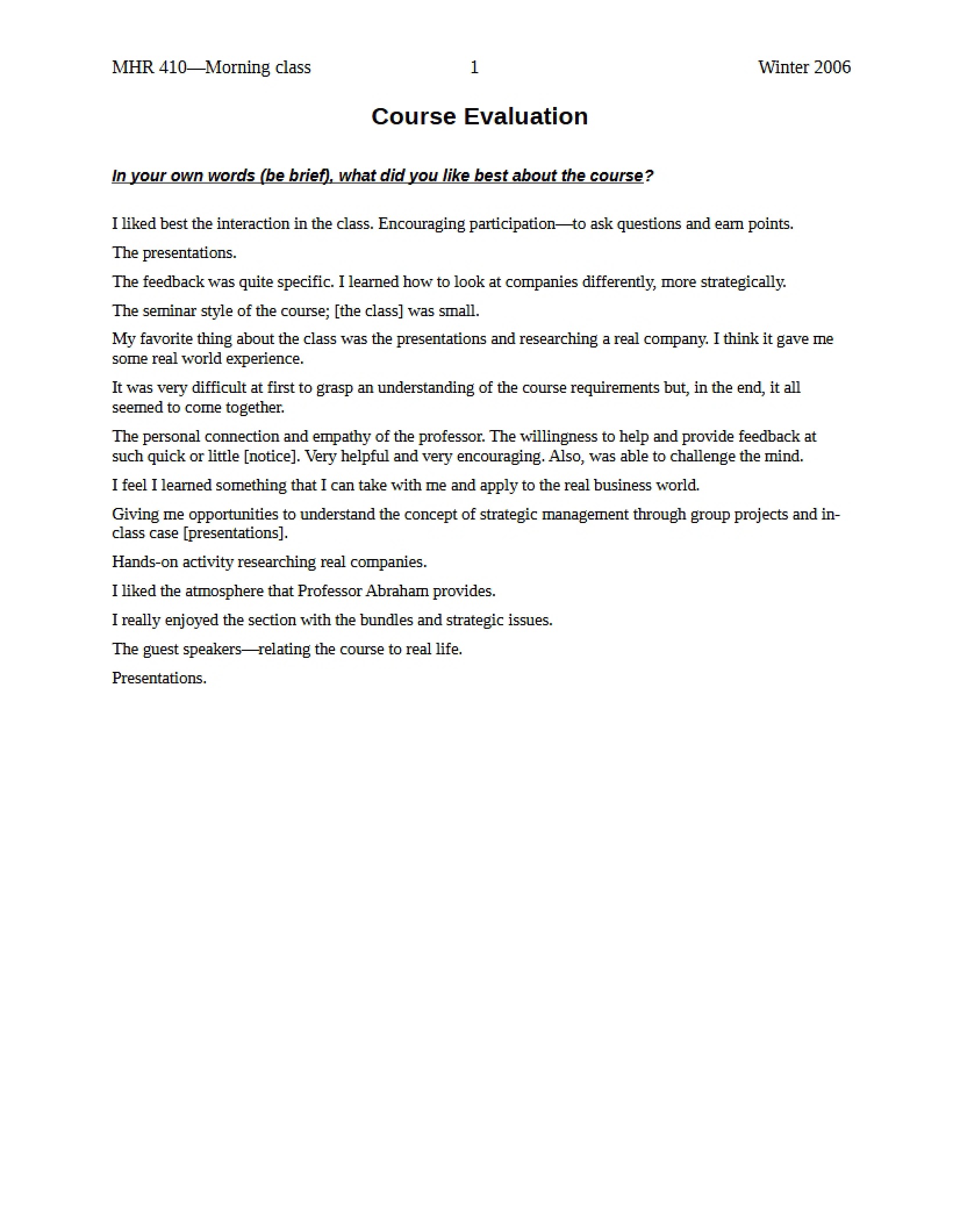 Strategic Management Course Evaluation