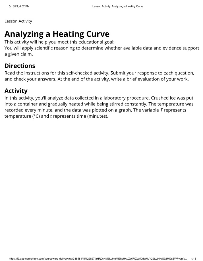 Lesson Activity - Analyzing a Heating Curve