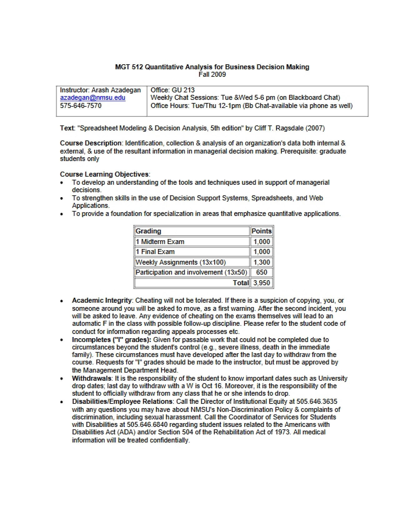 Quantitative Analysis for Business Decision Making (Sandia) Syllabus - Fall 2009 - Azadegan