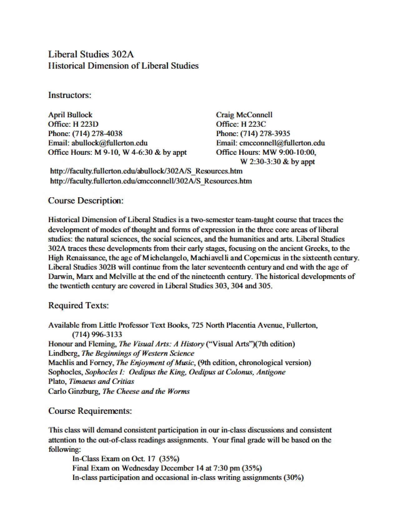 Course Description for History of Liberal Studies A