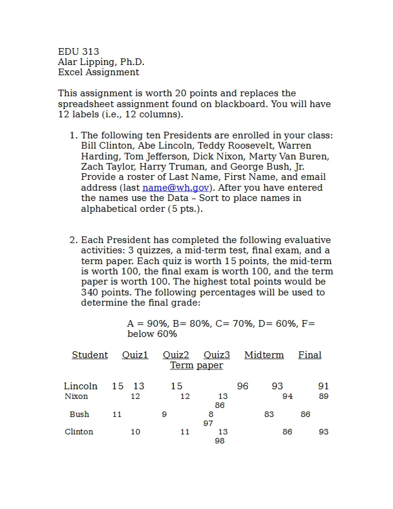 Assignment in Excel
