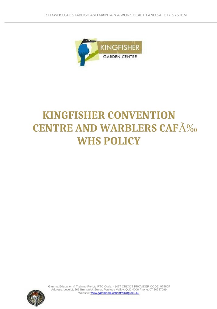 WHS Policy - Kingfisher Convention Centre and Warblers Cafe