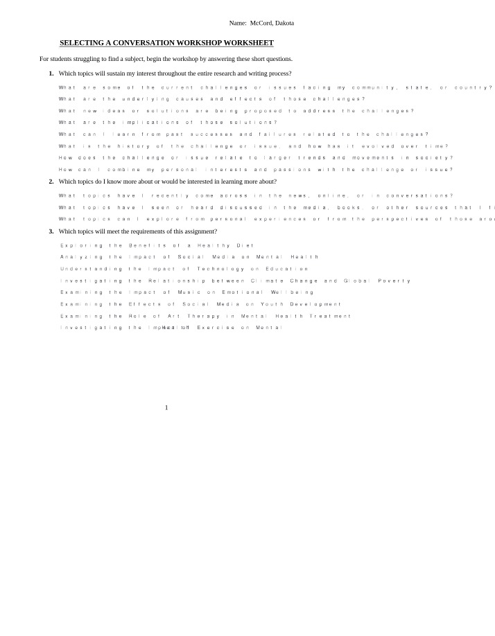 Worksheet - Selecting a Conversation Workshop