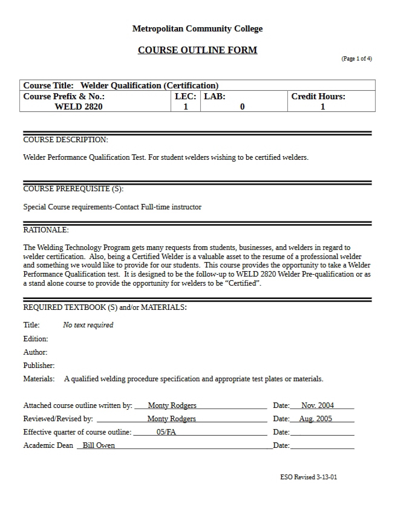 Outline for Welder Certification