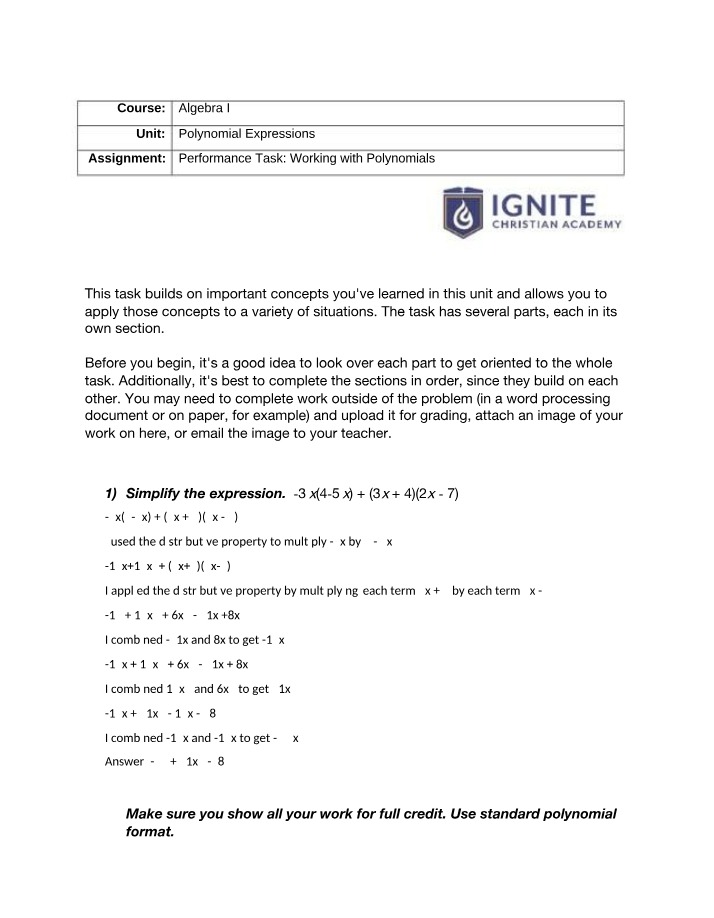 Performance Task on Working with Polynomials