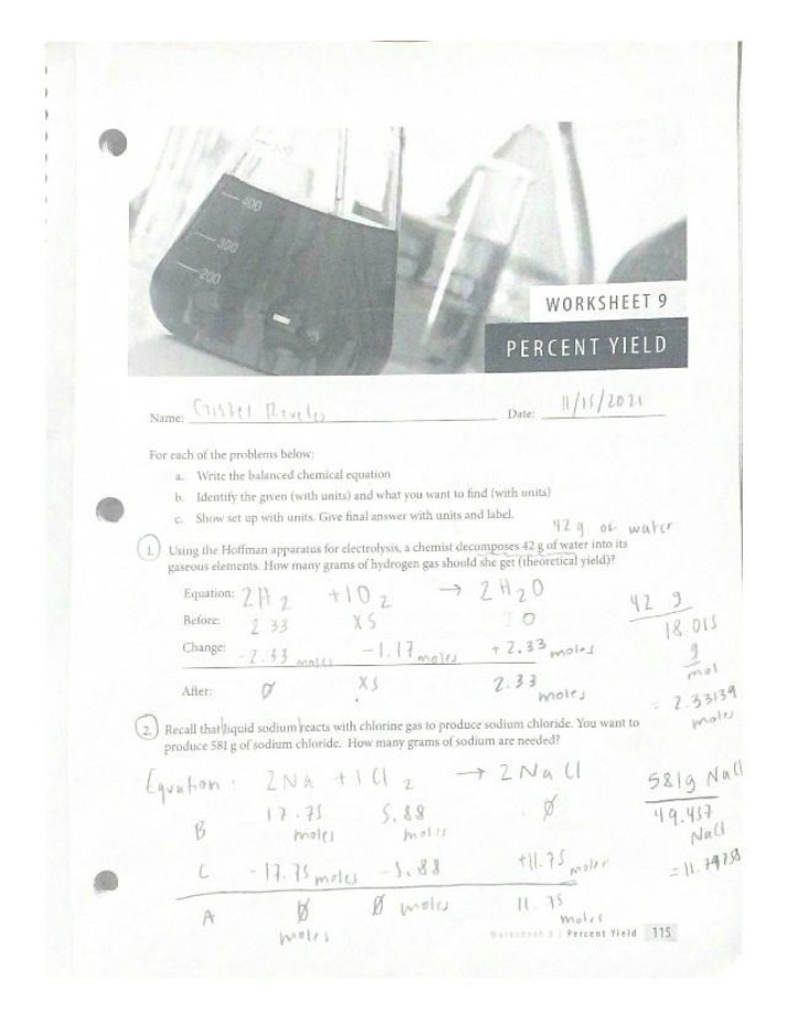 Worksheet on Percent Yield