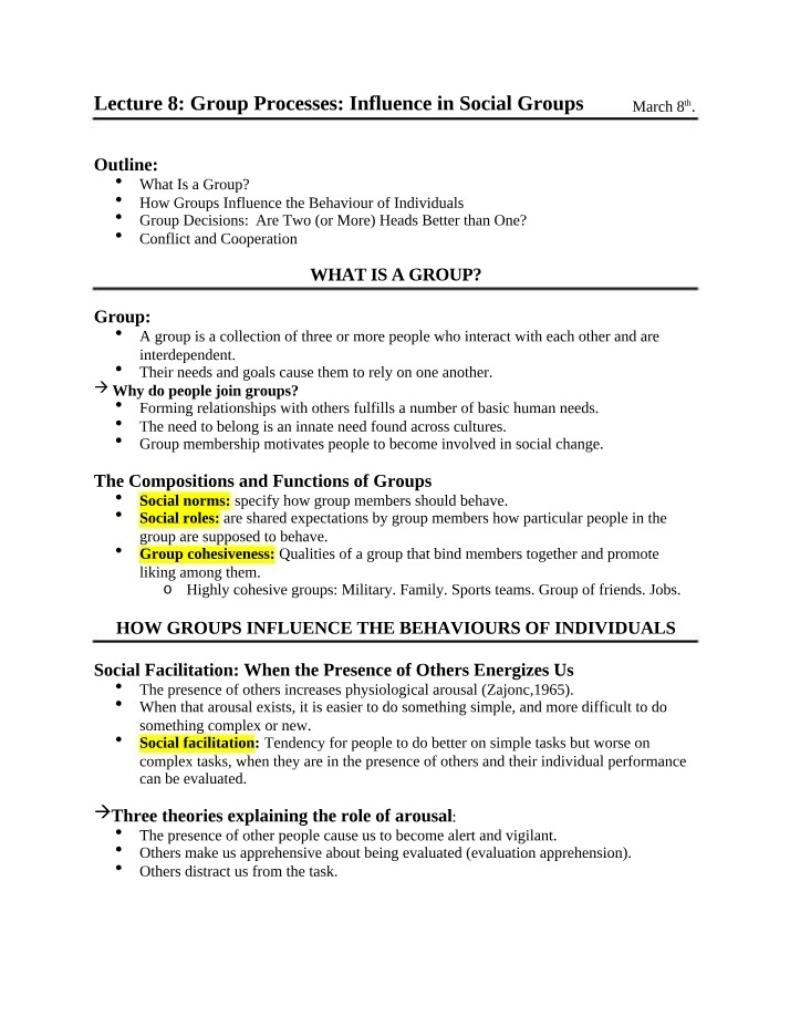 Group Processes and Social Influence - Lecture 8
