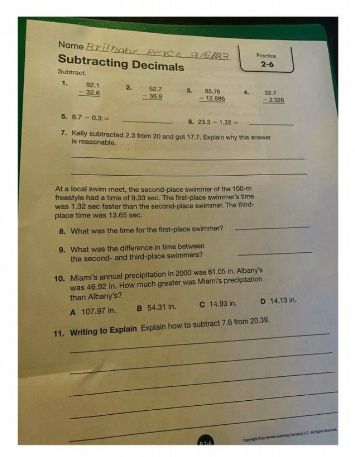 Practice Problems for Subtracting Decimals