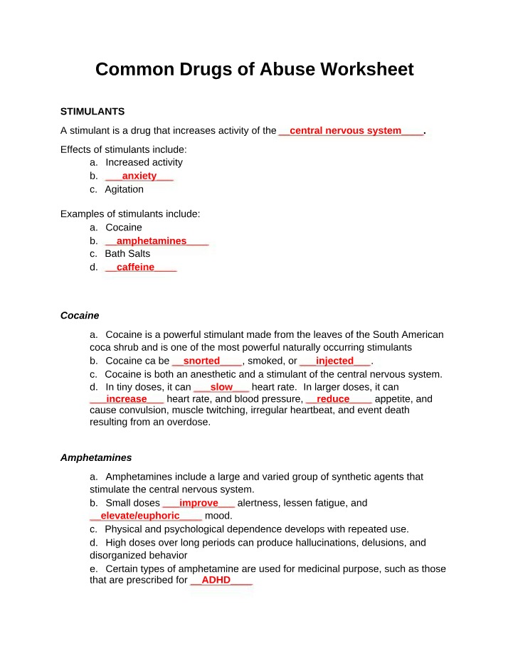 Worksheet - Common Drugs of Abuse