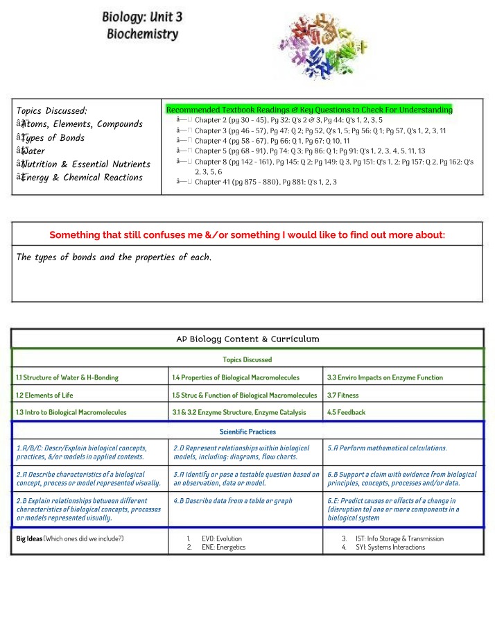 Biochemistry - Atoms, Bonds, Water, and Nutrients