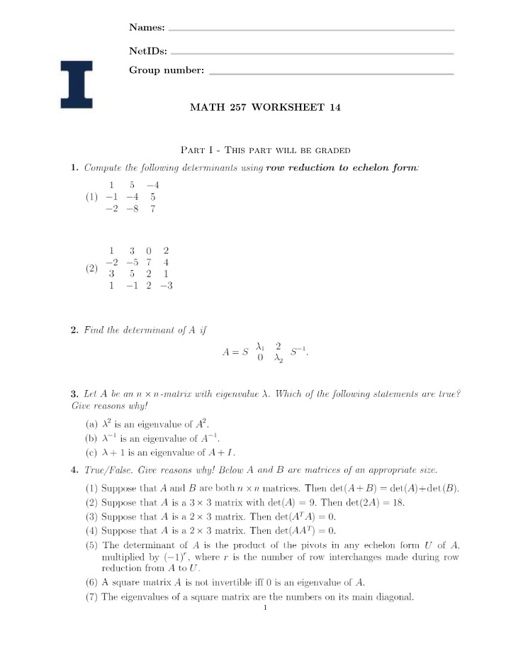 Worksheet 14 - Determinants and Eigenvalues (MATH 257)