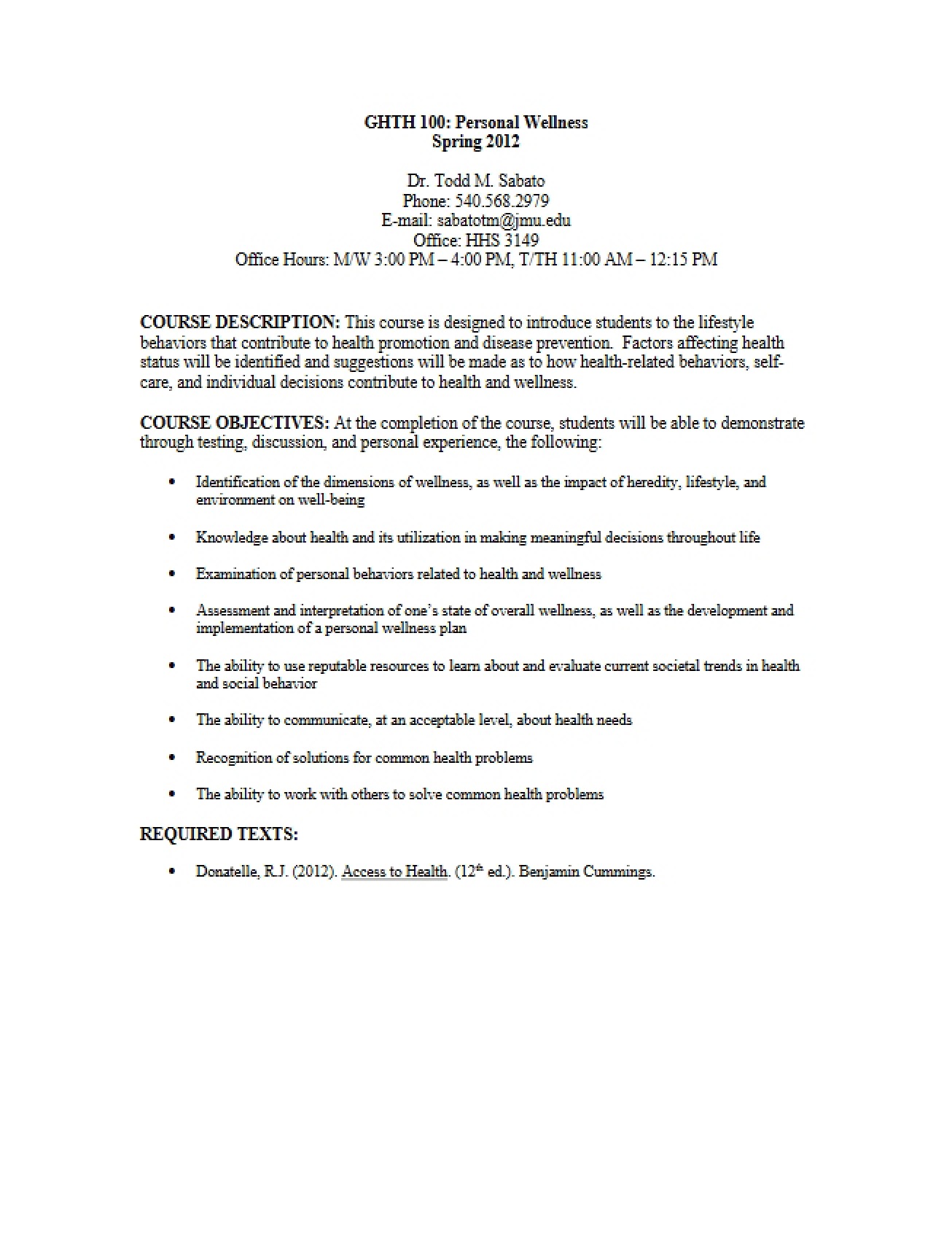 Spring 2012 Syllabus for Personal Wellness