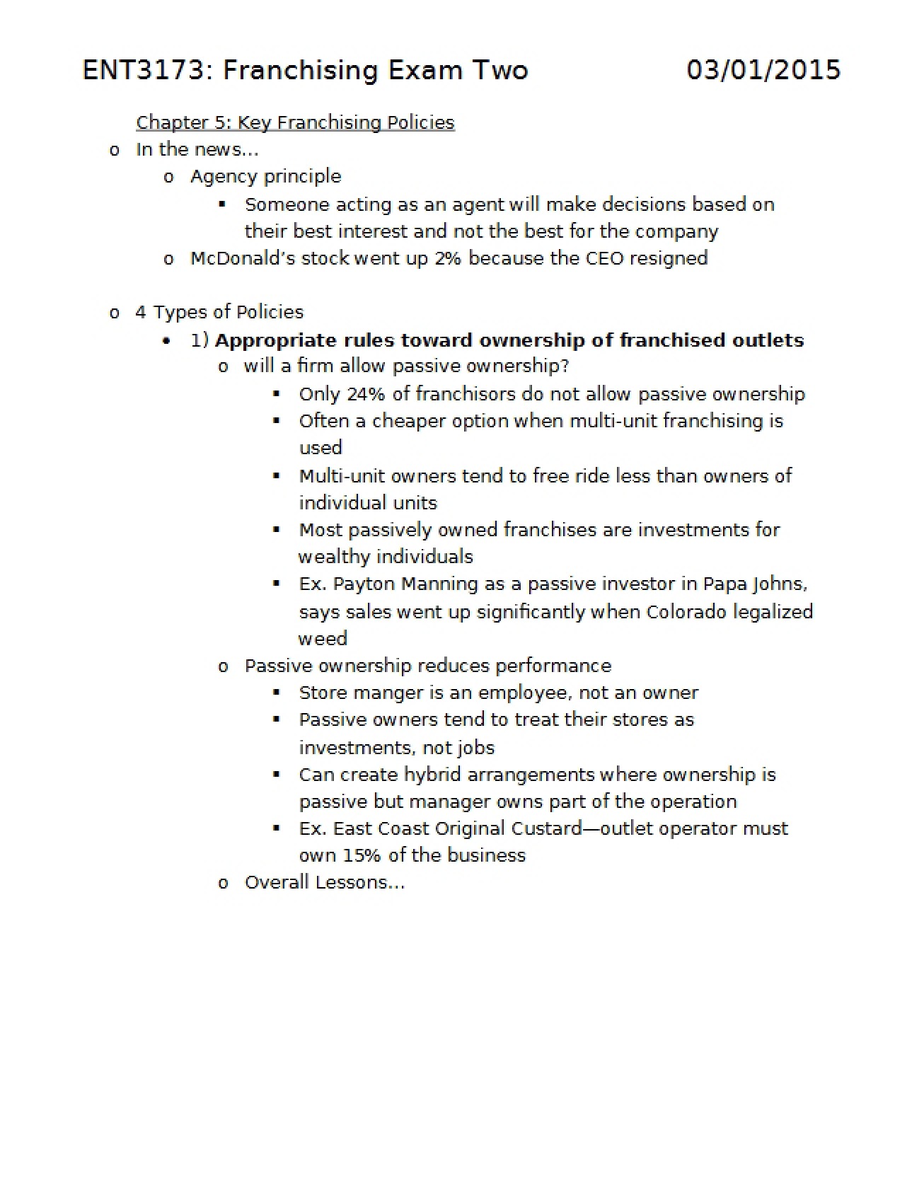 Important Franchising Policies from Chapter Five