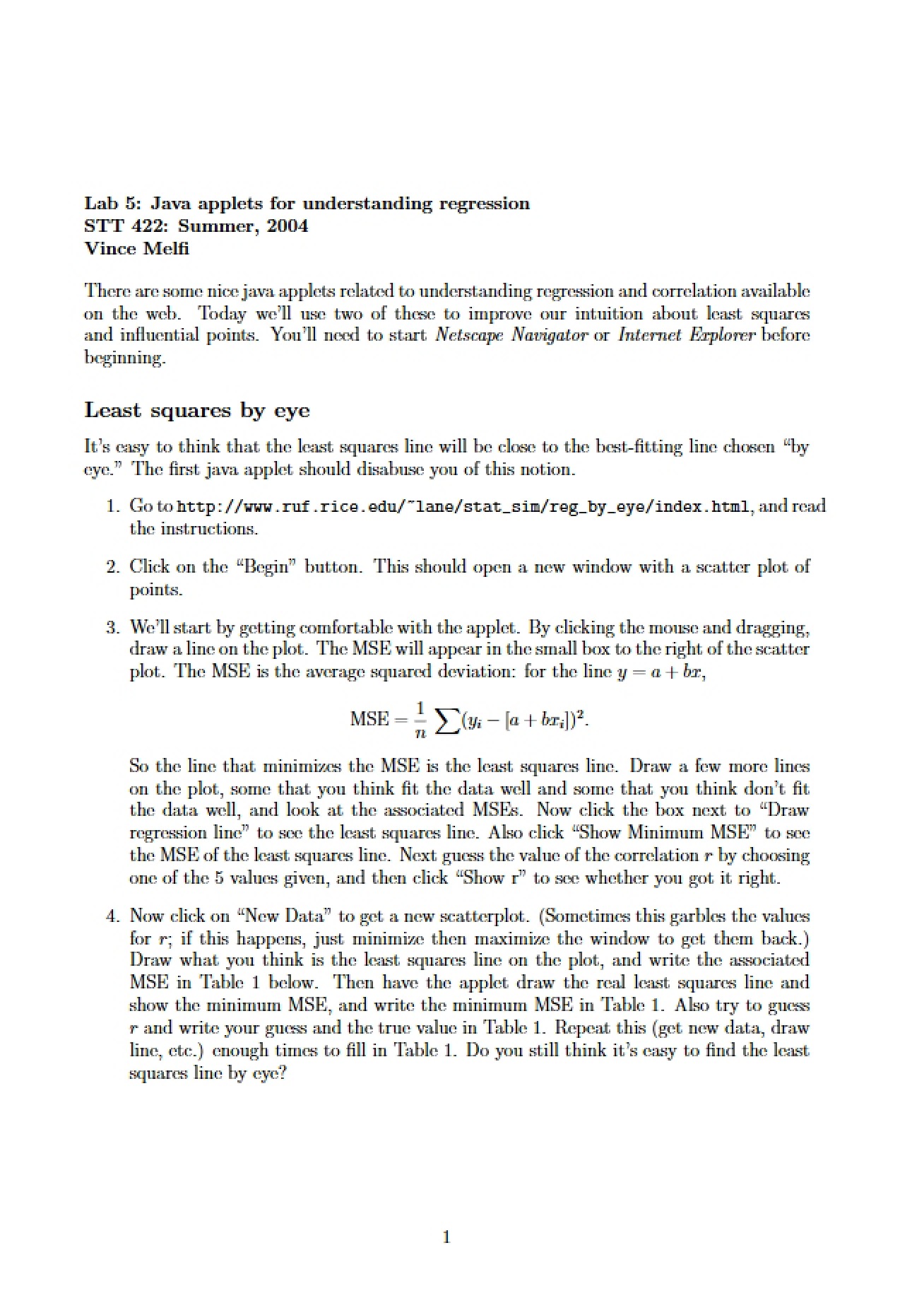 Java Applets for Regression (Lab 5)