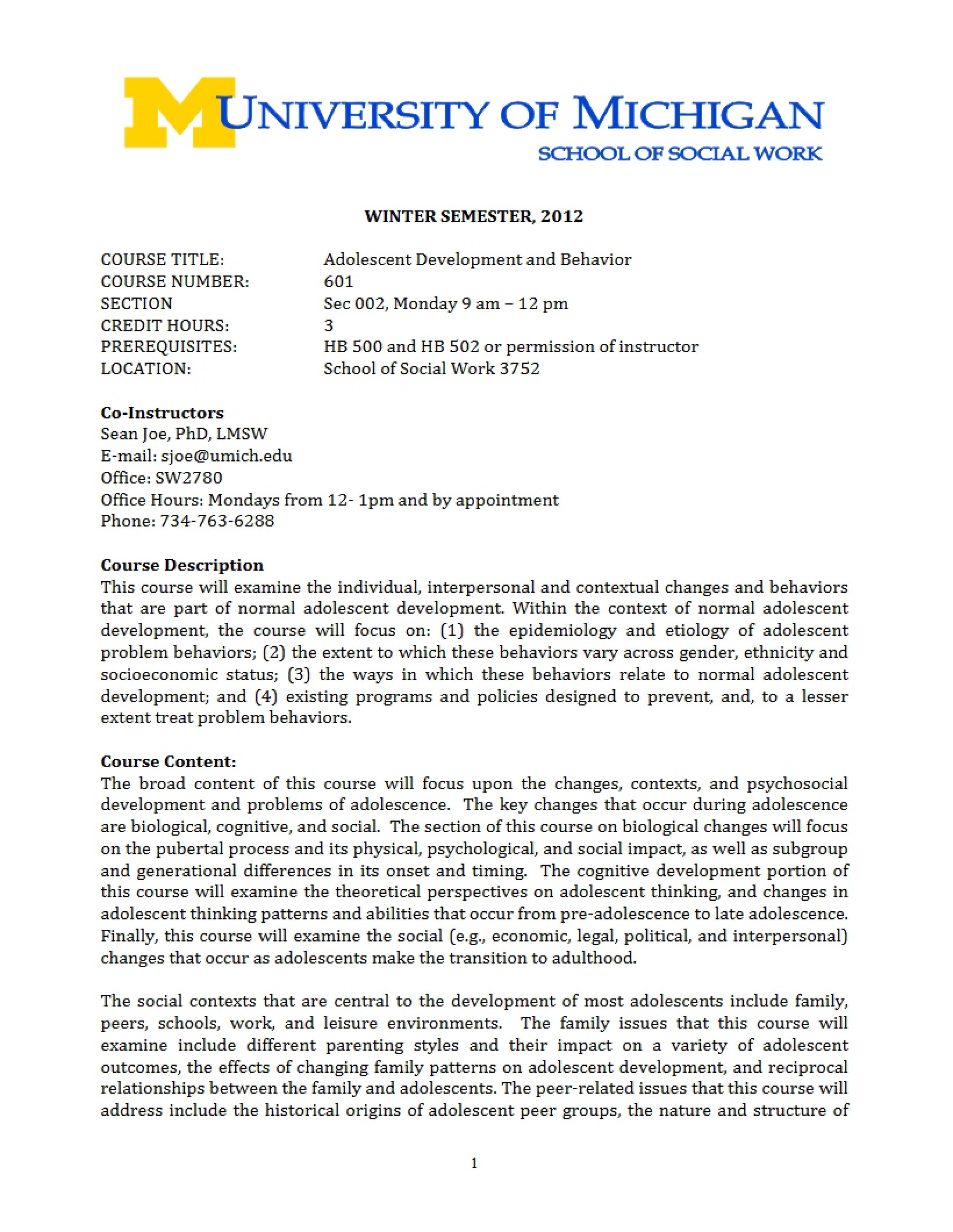 Adolescent Behavior Syllabus