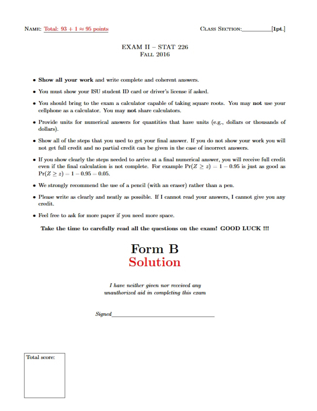 First Examination for Statistics 226