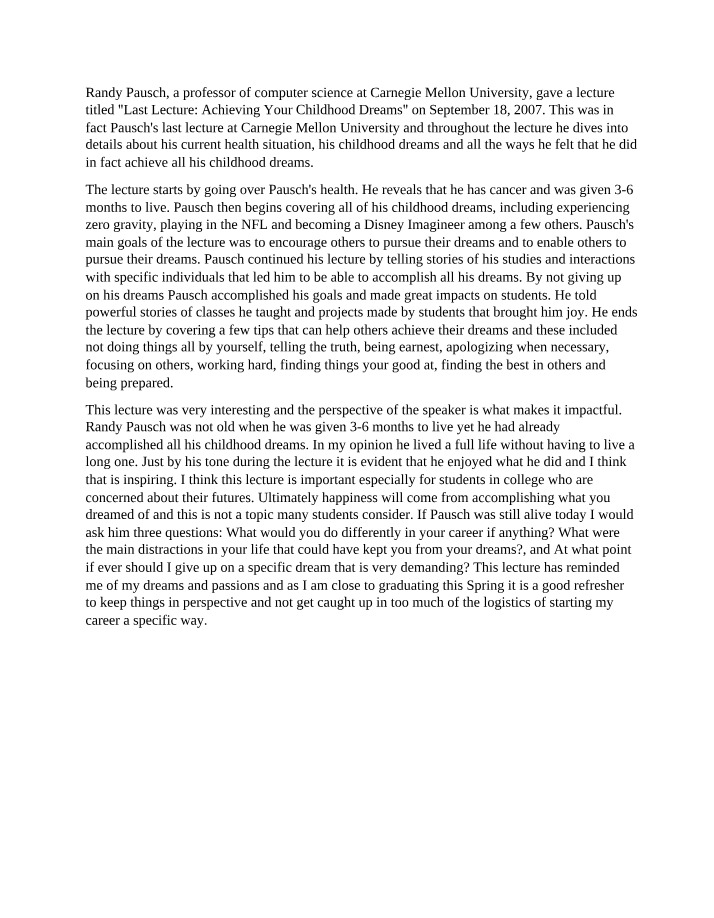 Summary of Randy Pausch's Last Lecture