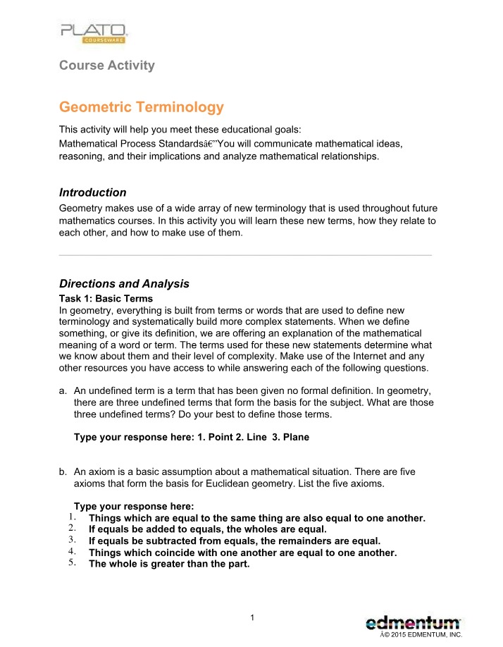 Geometric Terminology Solutions