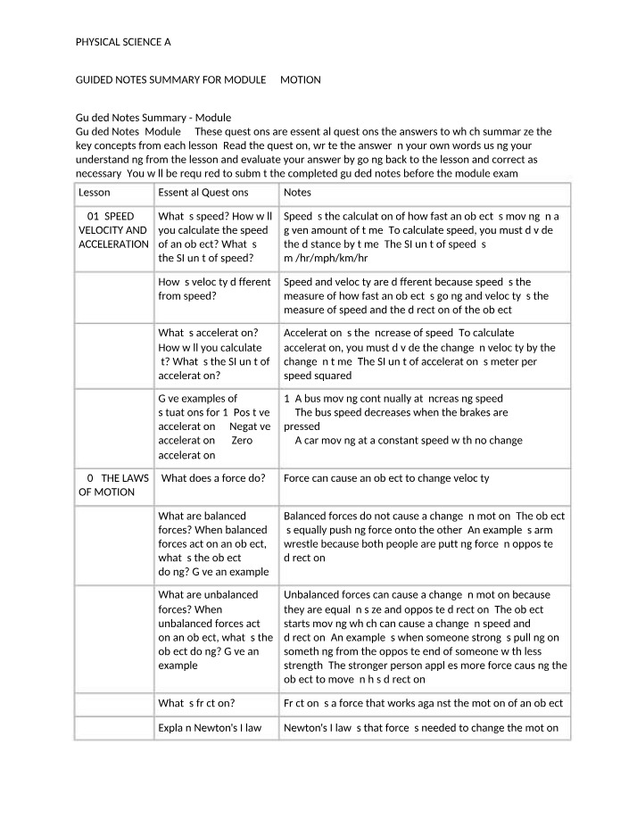 Guided Notes Summary for Module 4 Motion
