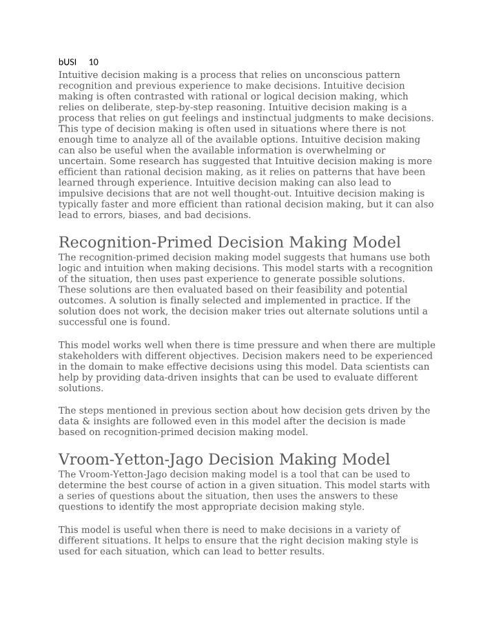BUSI 2710 - Notes on Decision Making Models