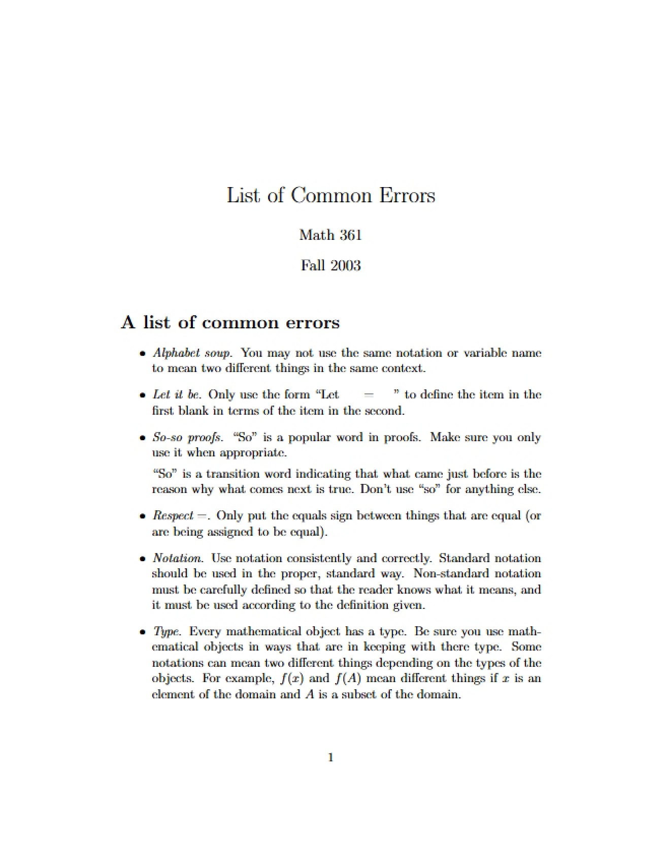 List of Errors Commonly Made