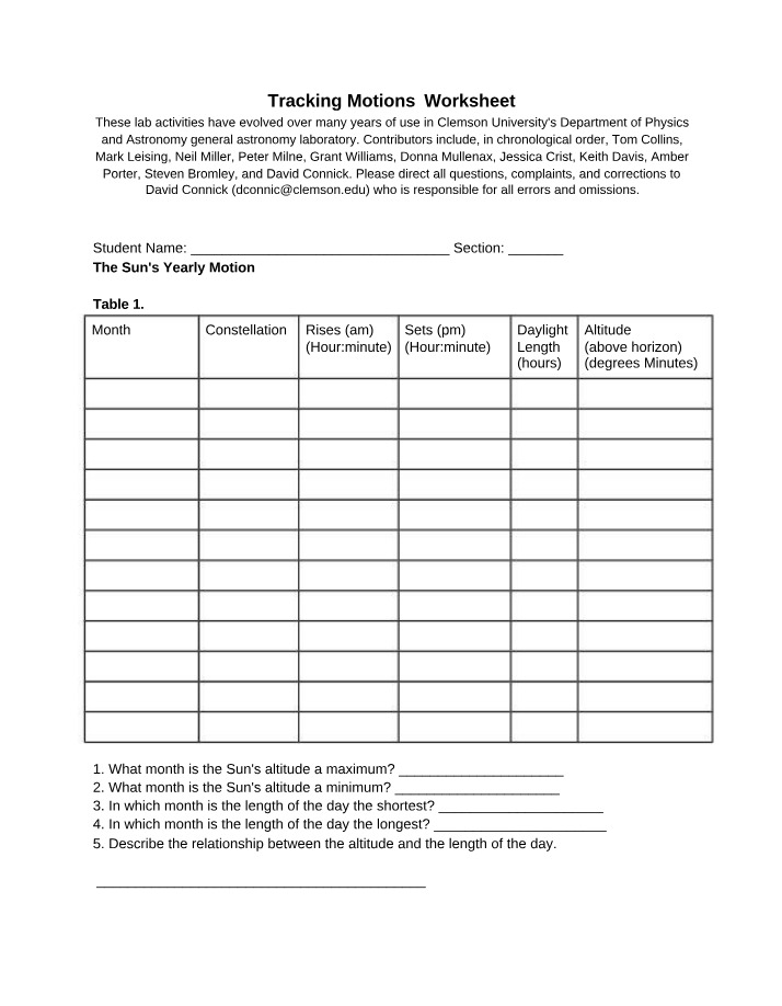 Tracking Motions Worksheet Second Half