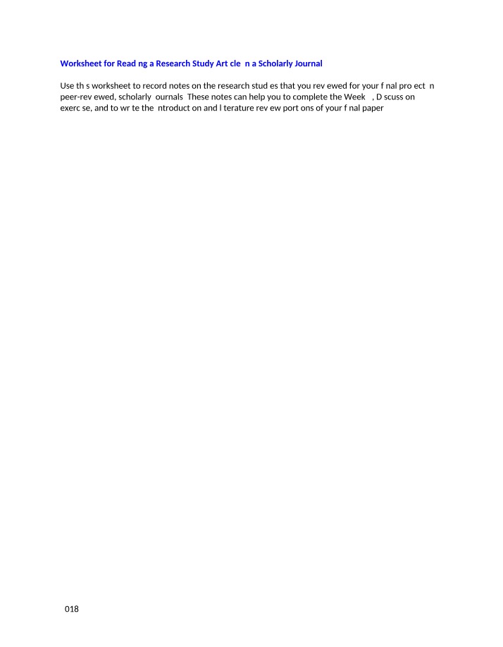 Reading a Research Study Article in a Scholarly Journal - Worksheet