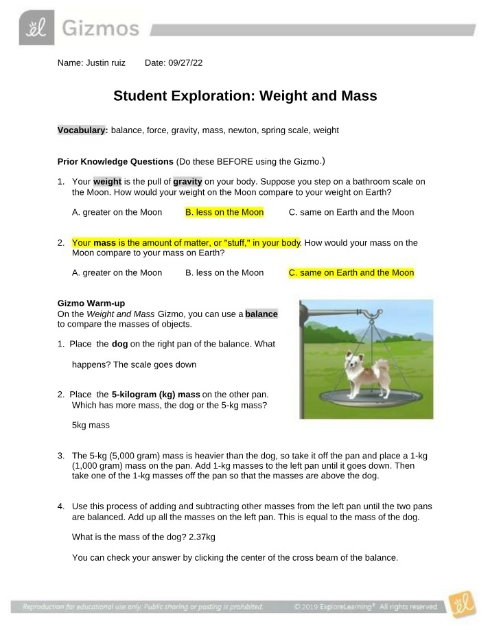 Weight and Mass - Student Exploration