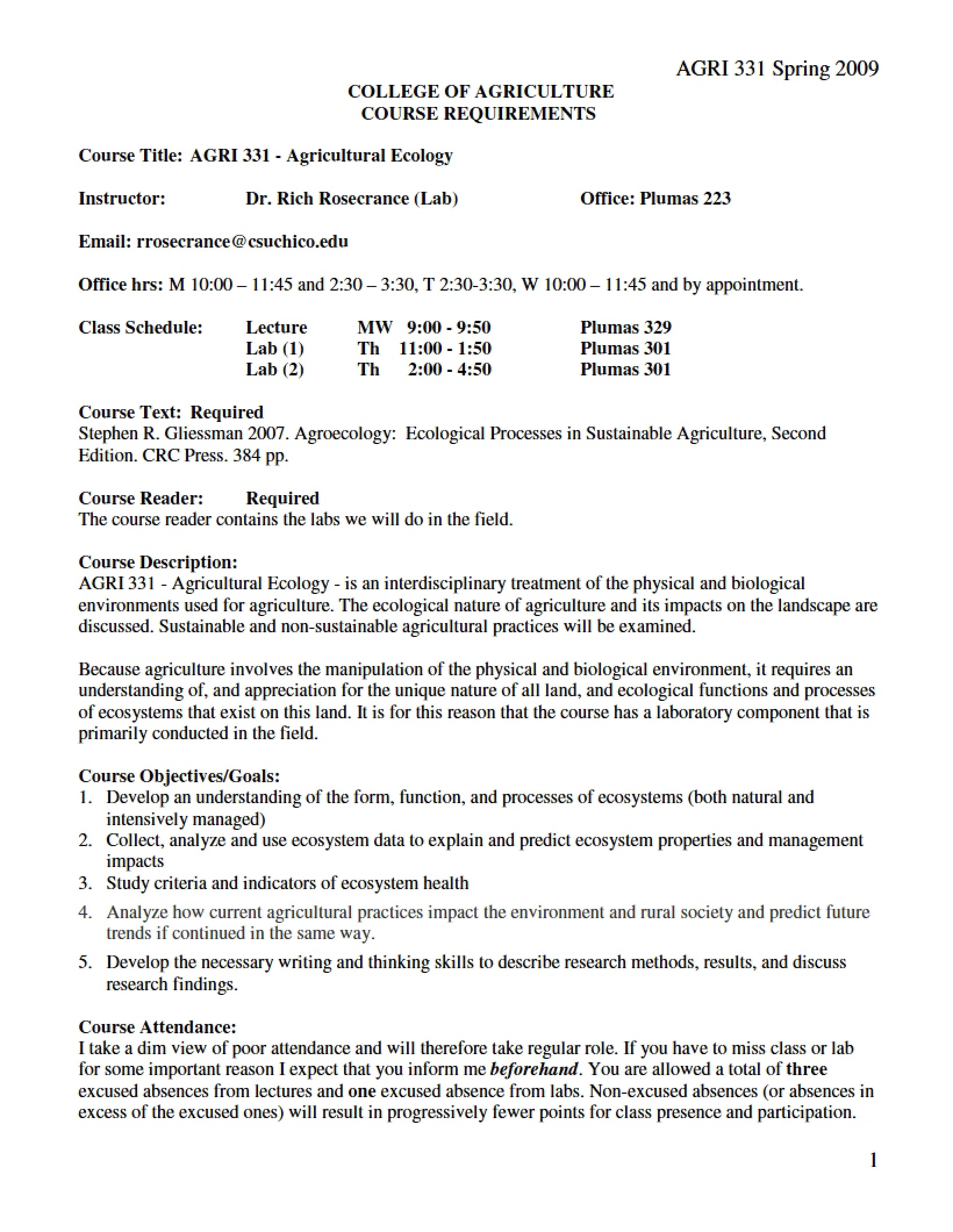 Course Syllabus Agricultural Ecology