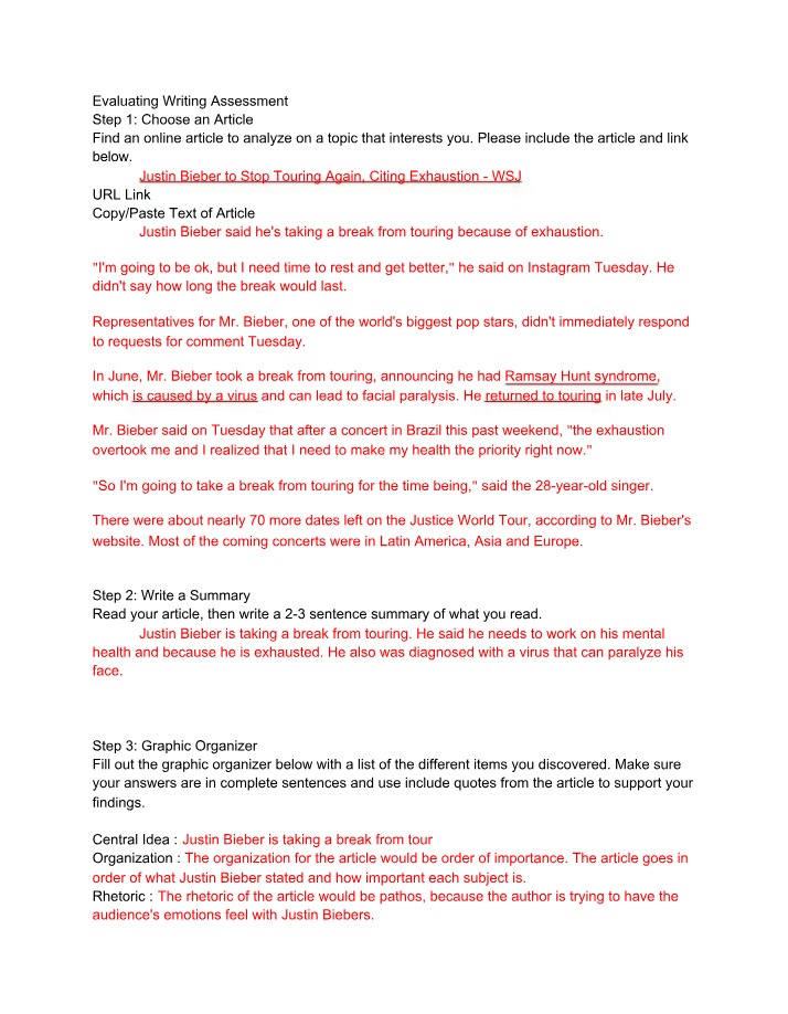 Assessment of Writing Evaluation