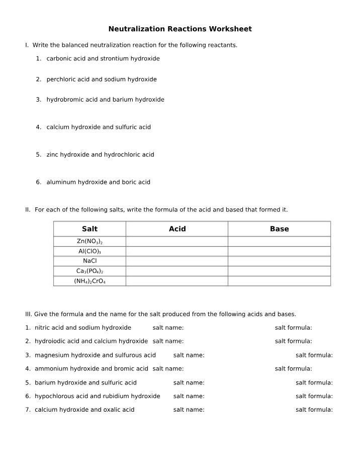 Worksheet on Neutralization Reactions