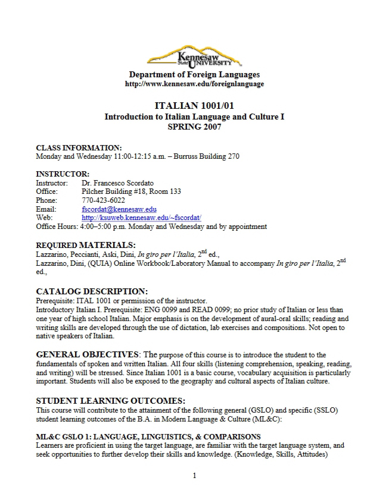 Comprehensive Syllabus for ITAL 1001