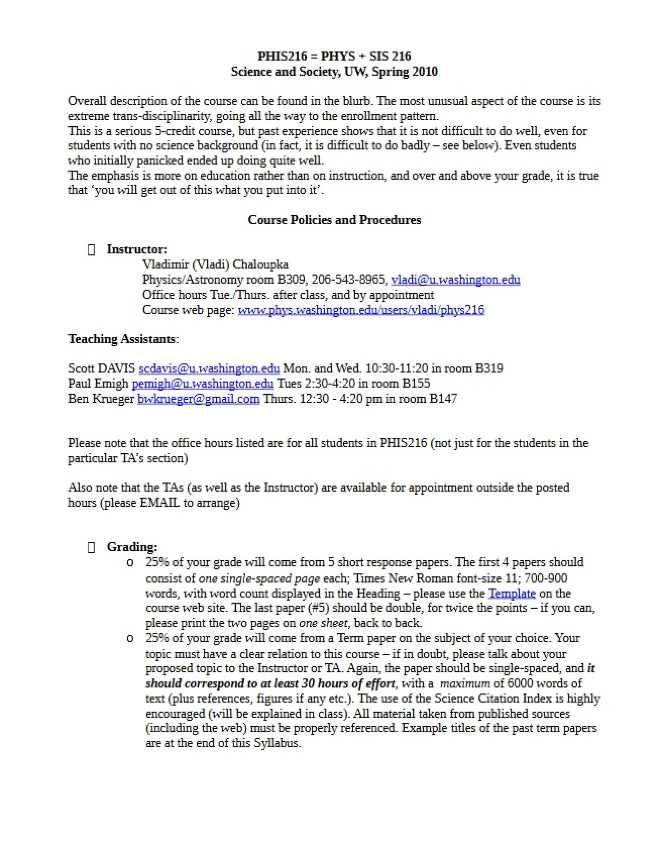 Class Syllabus - Science and Society