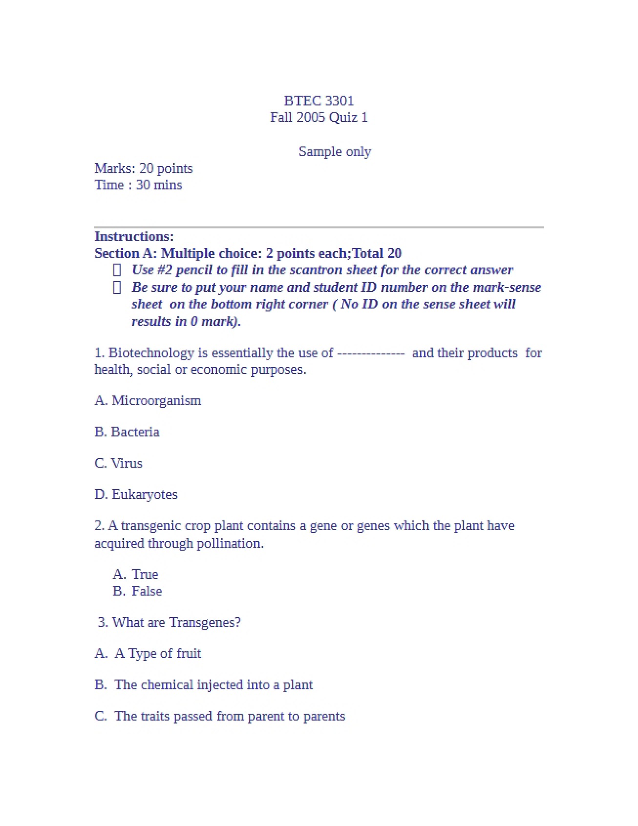 First Quiz in an Introduction to Biotechnology Course - BTEC 3301