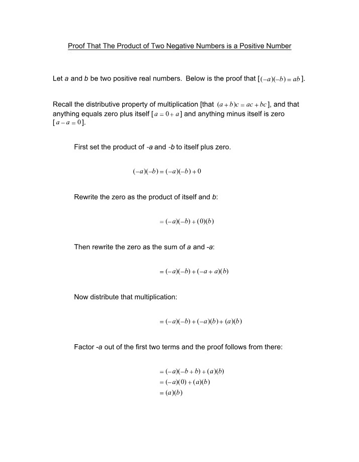 Explanation for Why the Product of Negative Numbers is Positive