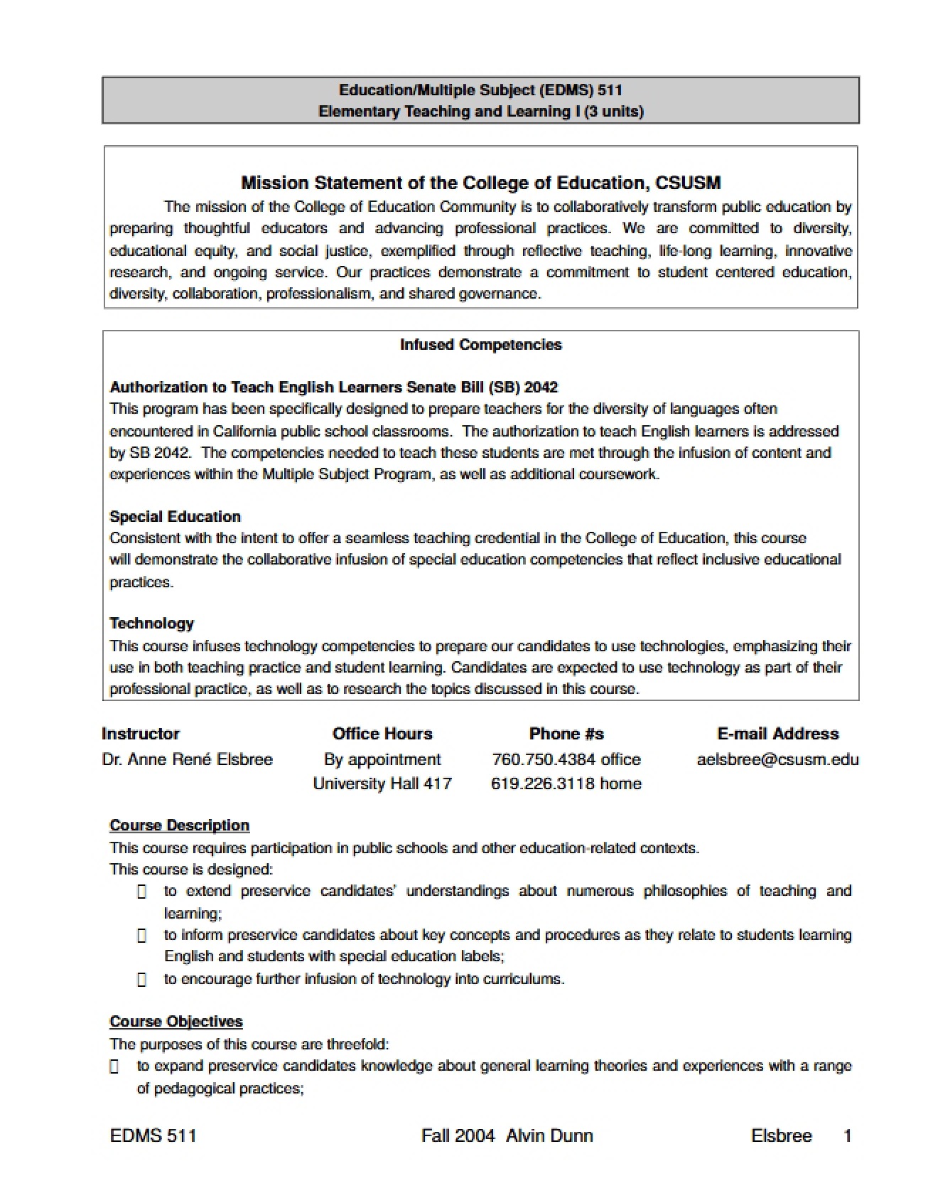 Elementary Teaching and Learning One Syllabus V1