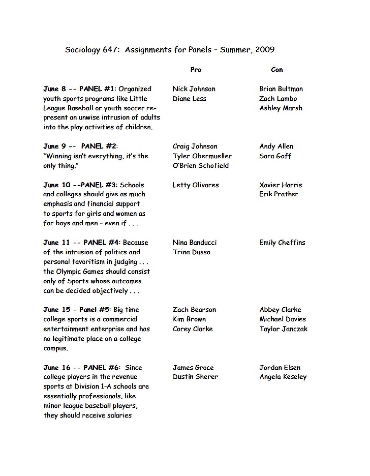 Panel Assignments for Sociology 647