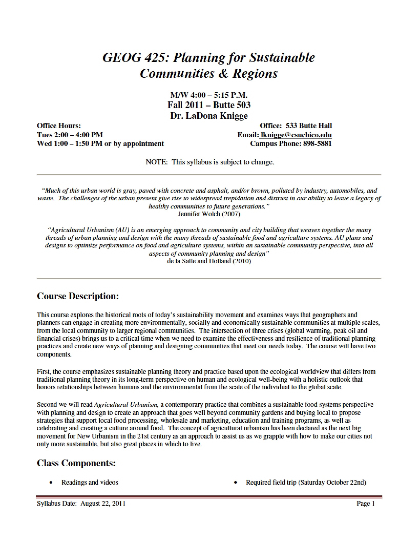 Planning Sustainable Communities Syllabus