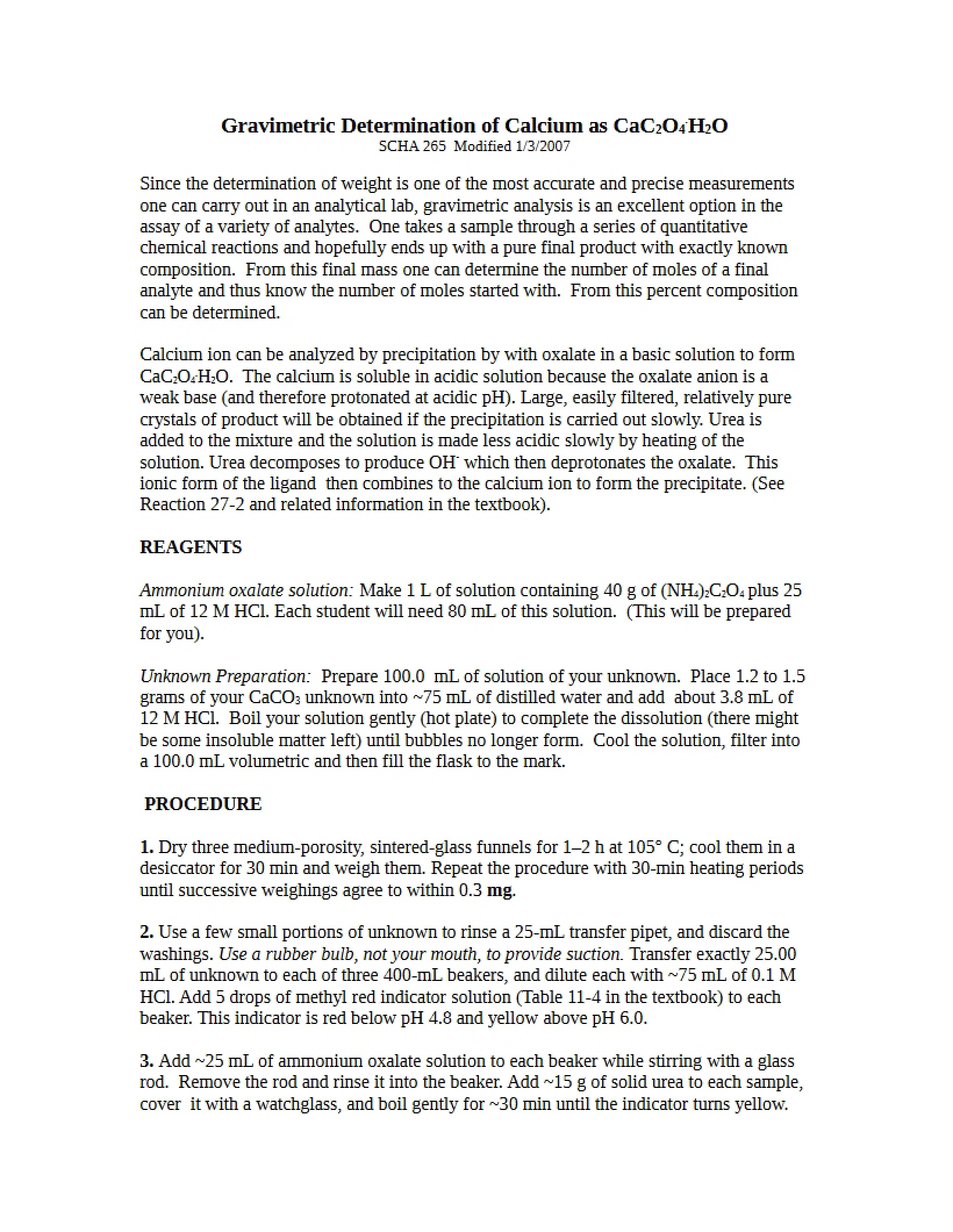 Calcium Gravimetric Determination via CaC2O4.H2O