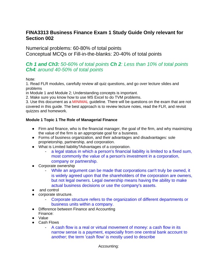 Business Finance Exam 1 - Study Guide