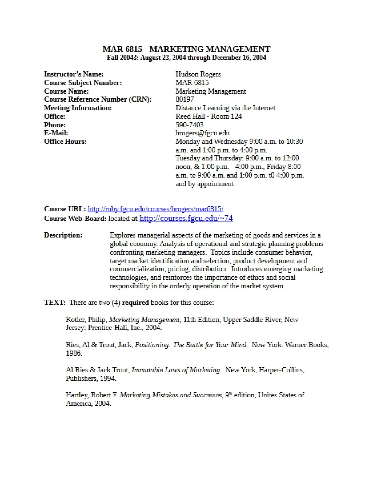 Marketing Management Syllabus Two