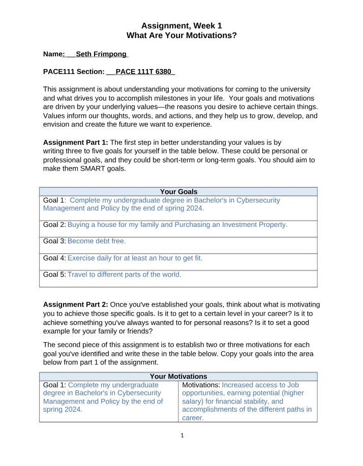 What Are Your Motivations - Week 1 Assignment